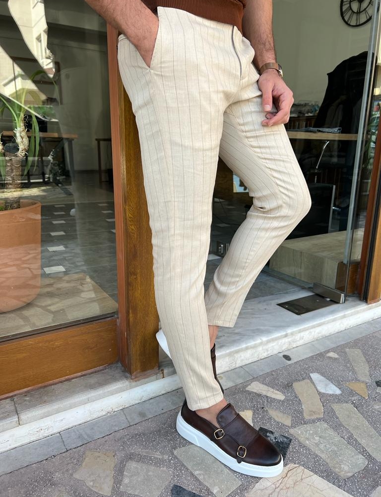 Beige Slim Fit Pinstripe Linen Pants for Men by GentWith.com with Free Worldwide Shipping