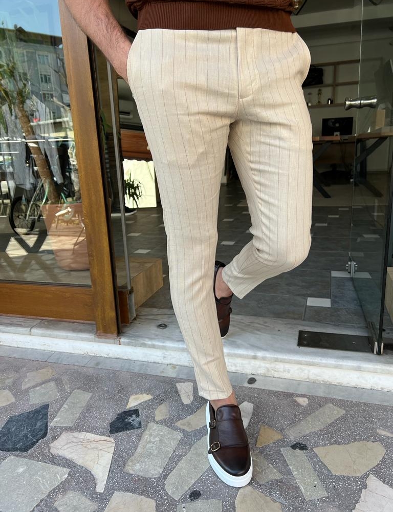 Beige Slim Fit Pinstripe Linen Pants for Men by GentWith.com with Free Worldwide Shipping