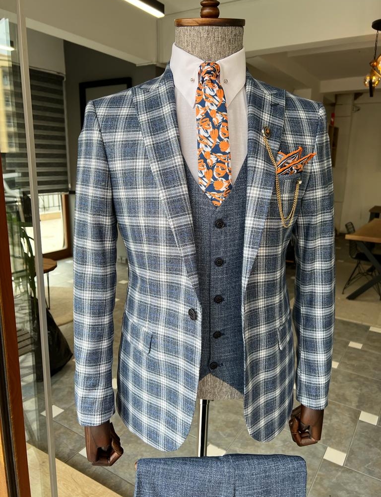 Blue Slim Fit Peak Lapel Plaid Suit for Men by GentWith.com with Free Worldwide Shipping