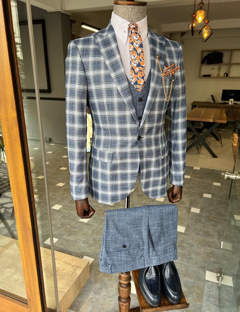 Blue Italian Designed Slim Fit Peak Lapel Plaid Suit by GentWith.com