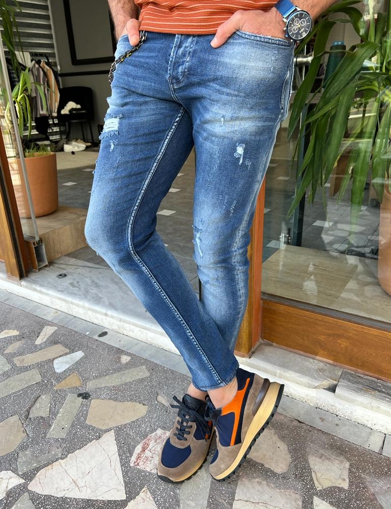 Blue Slim Fit Ripped Jeans for Men by GentWith.com with Free Worldwide Shipping