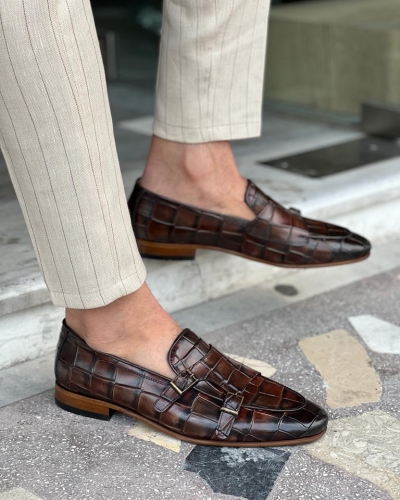 Brown Crocodile Pattern Monk Strap Loafers for Men by GentWith.com with Free Worldwide Shipping