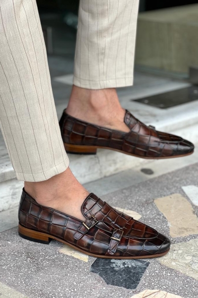 Brown Crocodile Pattern Monk Strap Loafers for Men by GentWith.com with Free Worldwide Shipping