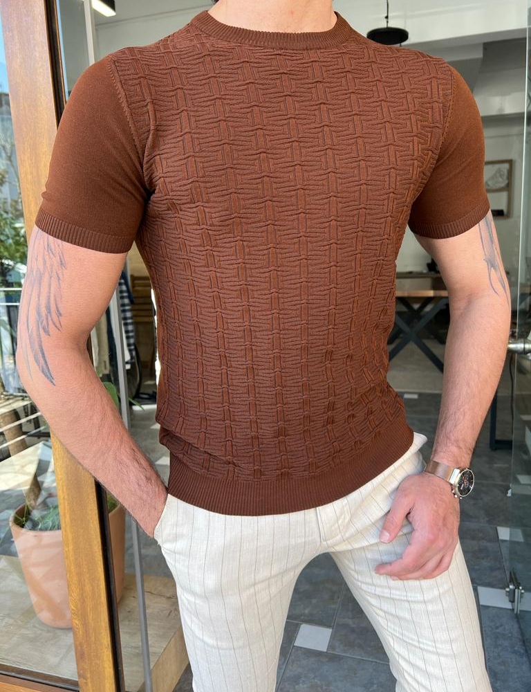 Brown Slim Fit Crew Neck T-Shirt for Men by GentWith.com with Free Worldwide Shipping