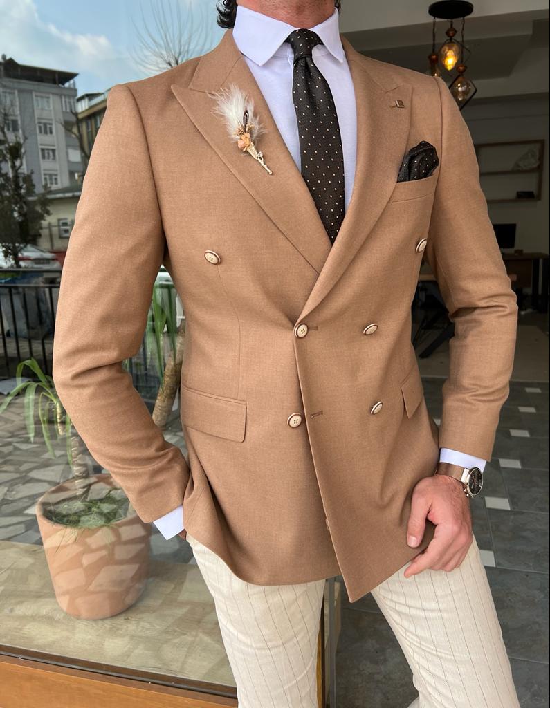 GentWith Tampa Brown Slim Fit Double Breasted Blazer 
