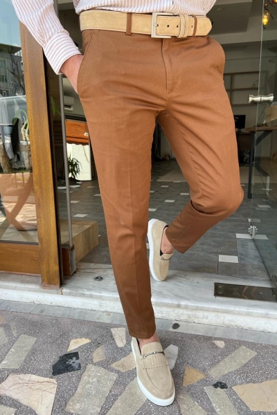 Camel Slim Fit Cotton Pants for Men by GentWith.com with Free Worldwide Shipping