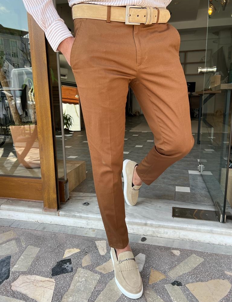 Camel Slim Fit Cotton Pants for Men by GentWith.com with Free Worldwide Shipping