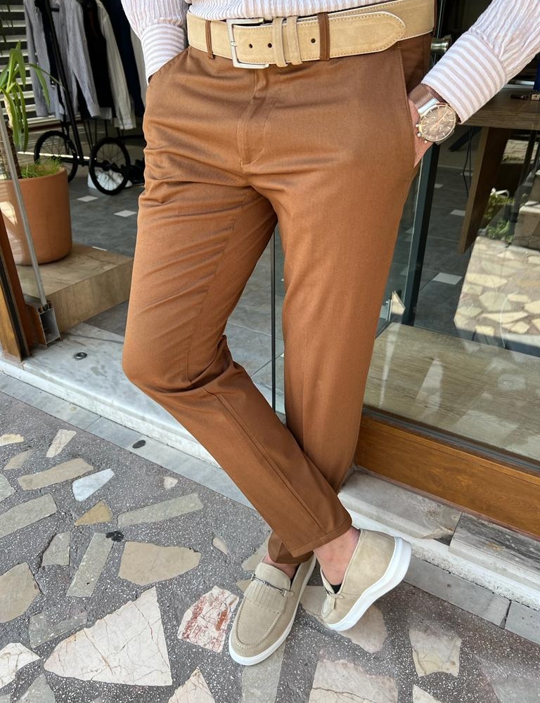 Camel Slim Fit Cotton Pants for Men by GentWith.com with Free Worldwide Shipping