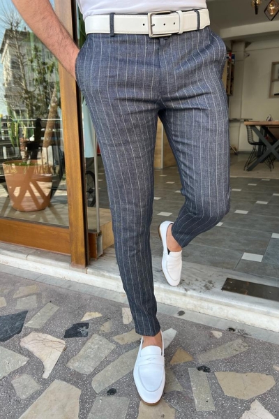 Dark Blue Slim Fit Pinstripe Linen Pants for Men by GentWith.com with Free Worldwide Shipping