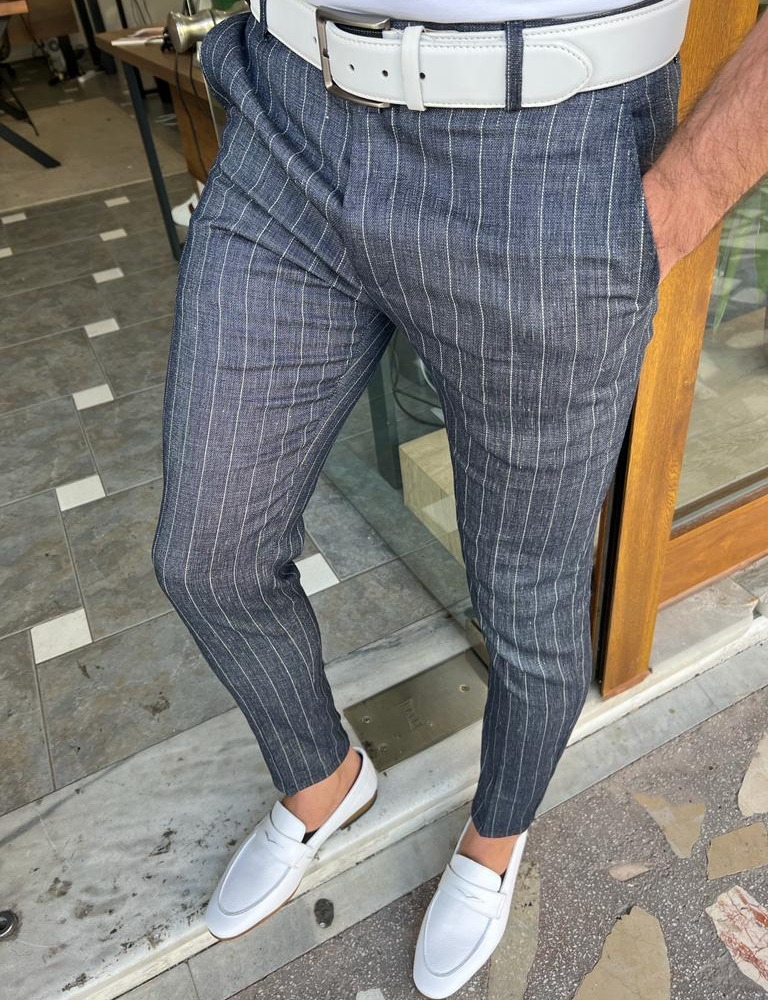 Dark Blue Slim Fit Pinstripe Linen Pants for Men by GentWith.com with Free Worldwide Shipping