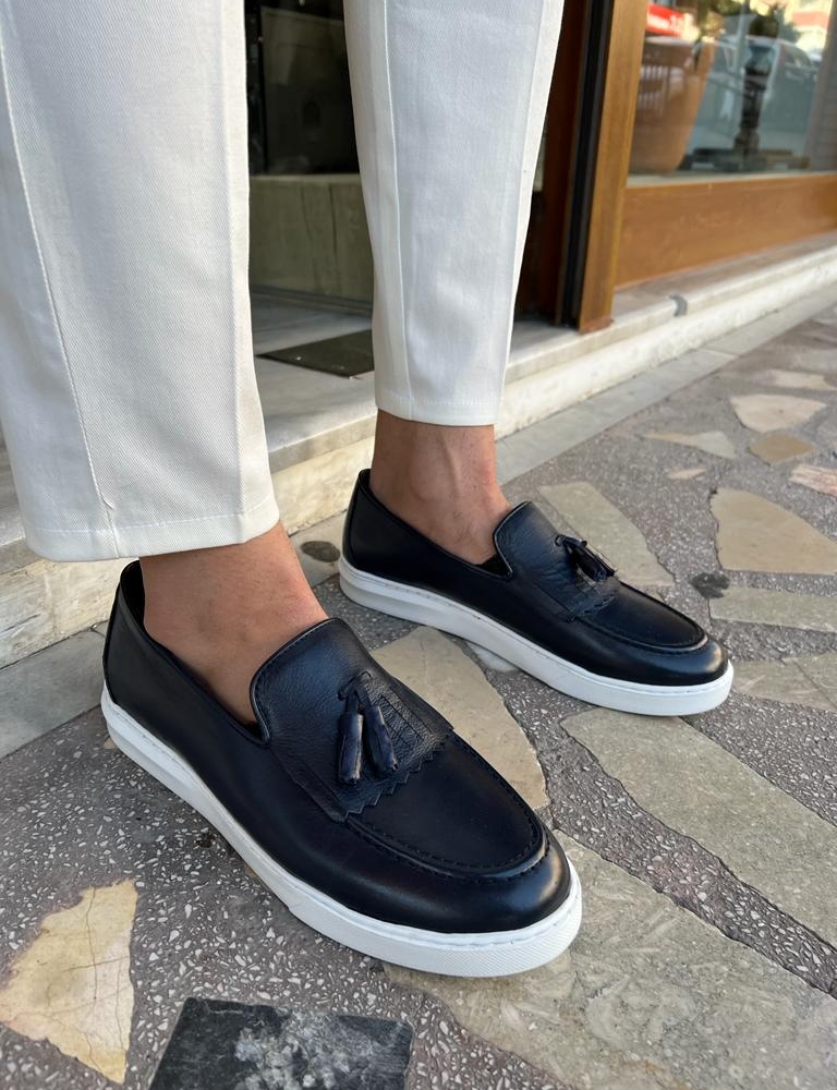 Dark Blue Tassel Kilt Loafers for Men by GentWith.com with Free Worldwide Shipping