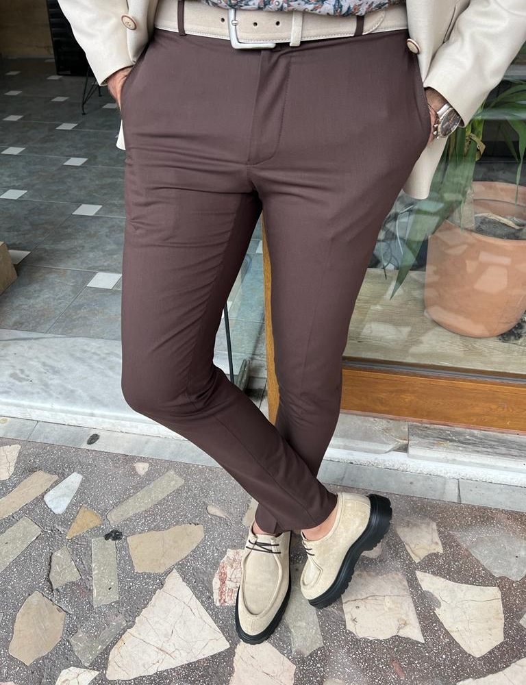 Dark Brown Slim Fit Pants for Men by GentWith.com with Free Worldwide Shipping