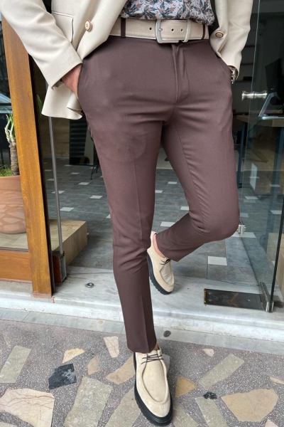 Dark Brown Slim Fit Pants for Men by GentWith.com with Free Worldwide Shipping