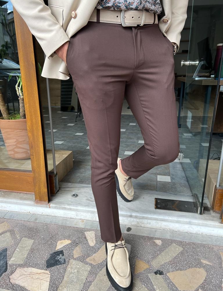 Brown Slim Fit Wool Pants for Men by