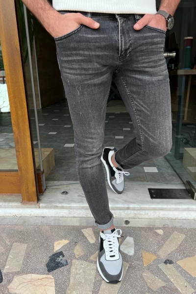 Dark Gray Slim Fit Ripped Jeans for Men by GentWith.com with Free Worldwide Shipping