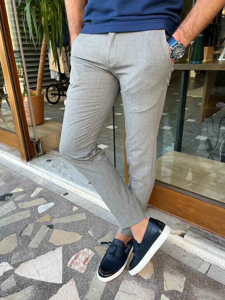 Gray Slim Fit Cotton Pants for Men by GentWith.com