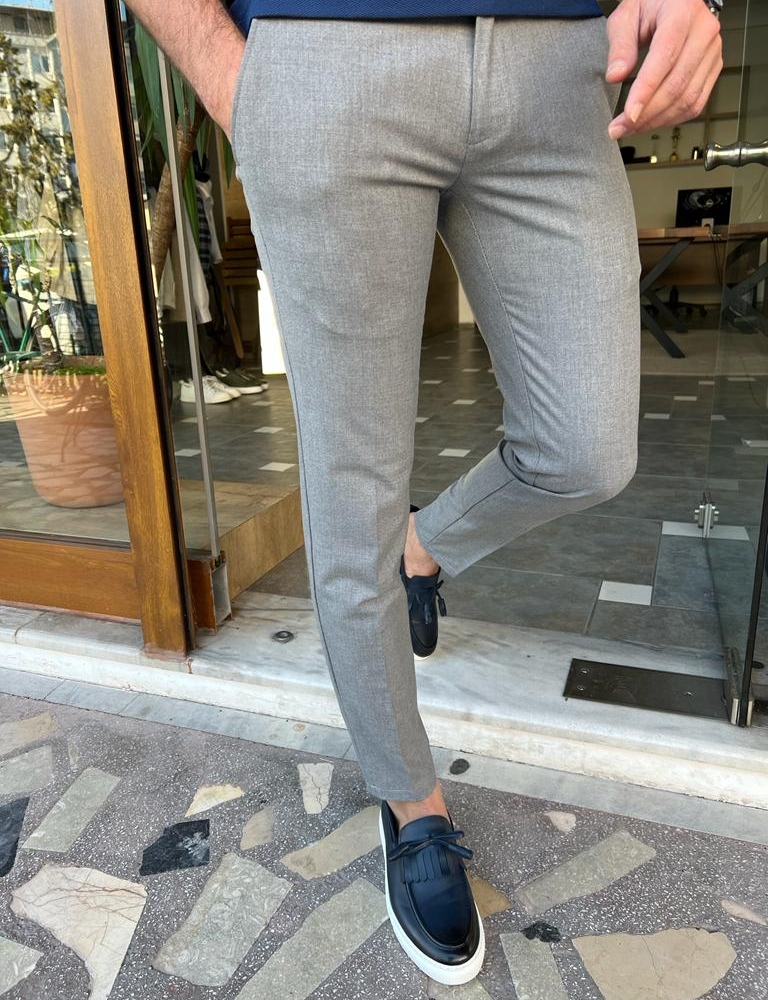 Gray Slim Fit Cotton Pants for Men by GentWith.com with Free Worldwide Shipping