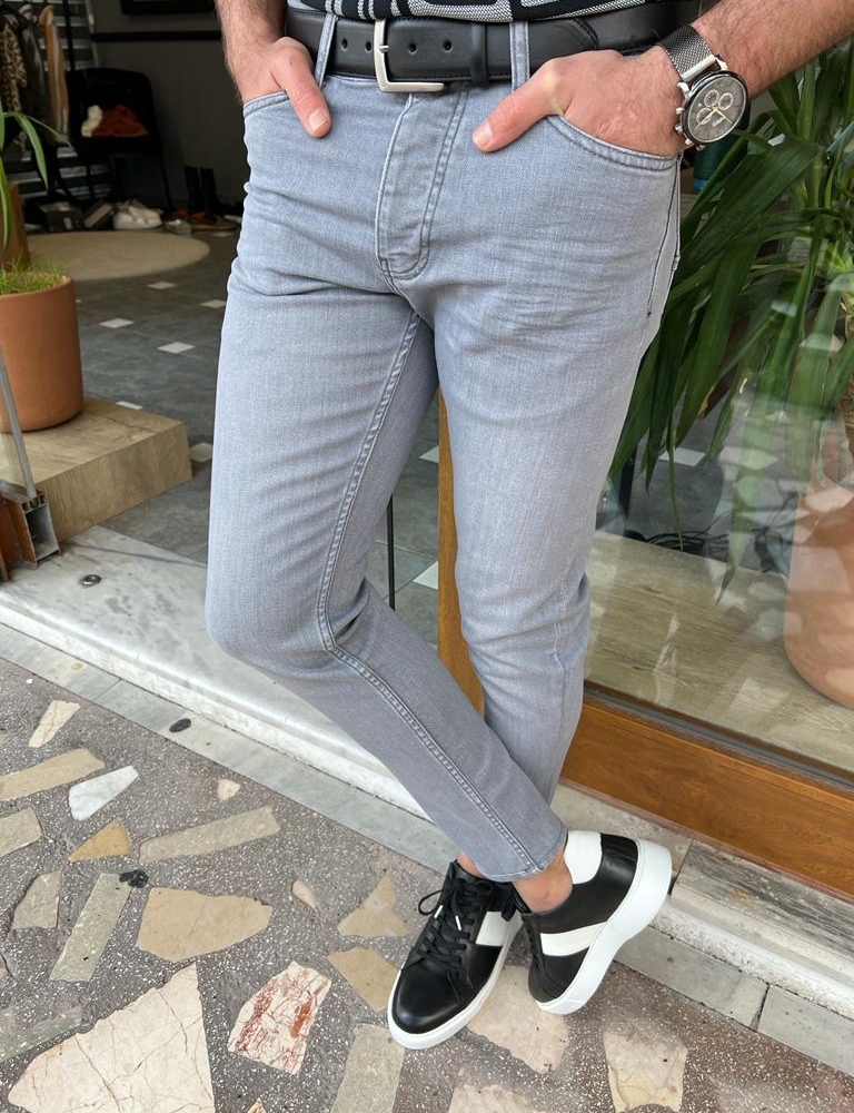 Gray Slim Fit Jeans for Men by GentWith.com with Free Worldwide Shipping