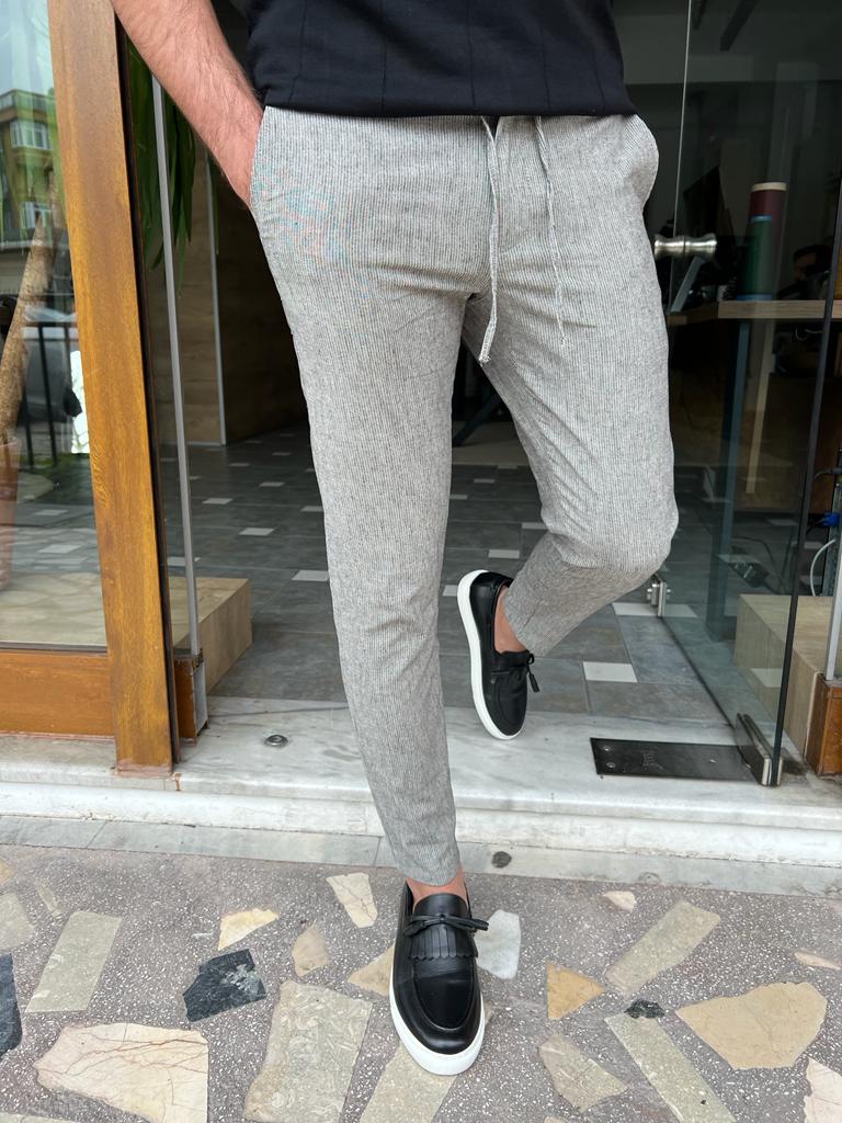 GentWith Tampa Gray Slim Fit Linen Laced Pants 