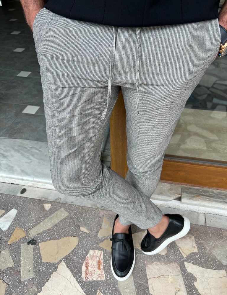 Gray Slim Fit Linen Laced Pants for Men by GentWith.com with Free Worldwide Shipping