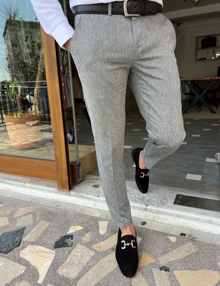 Gray Slim Fit Linen Pants for Men by GentWith.com with Free Worldwide Shipping