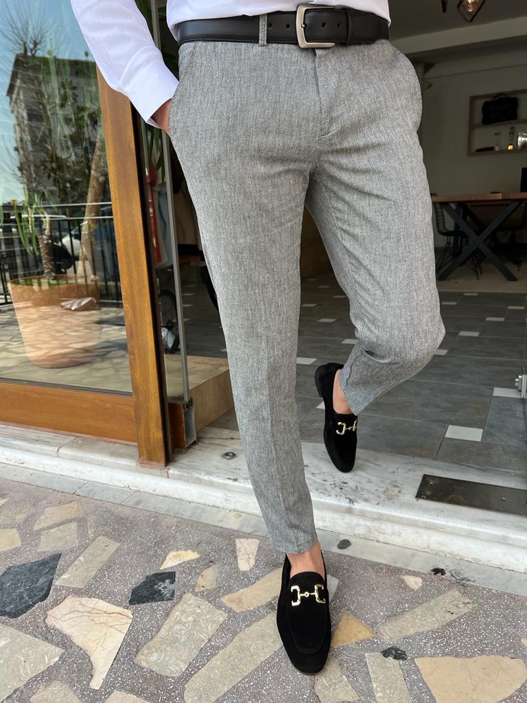 Gray Slim Fit Linen Pants for Men by GentWith.com