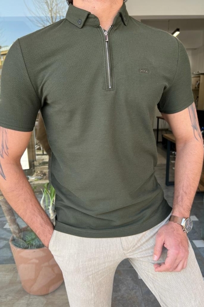 Khaki Slim Fit Zipper Polo T-Shirt for Men by GentWith.com with Free Worldwide Shipping