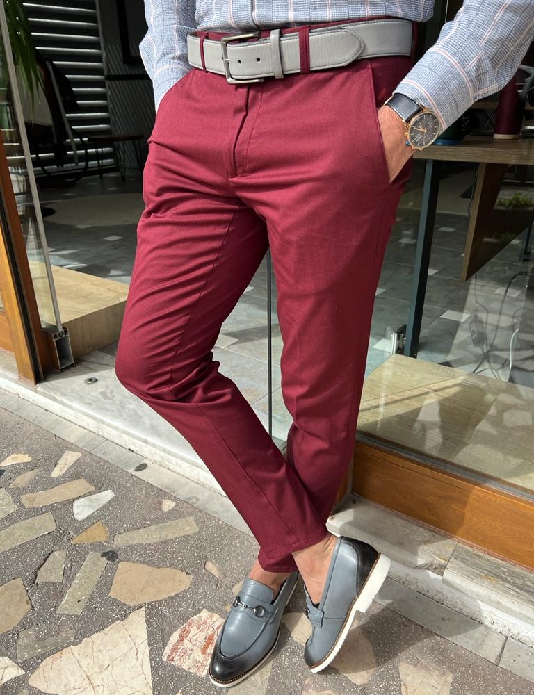 Red Slim Fit Cotton Pants for Men by GentWith.com with Free Worldwide Shipping