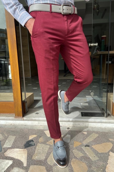 Red Slim Fit Cotton Pants for Men by GentWith.com with Free Worldwide Shipping