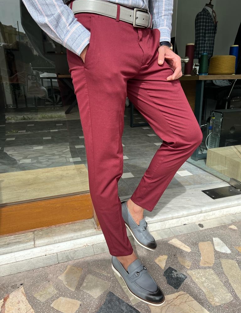 Red Slim Fit Cotton Pants for Men by GentWith.com