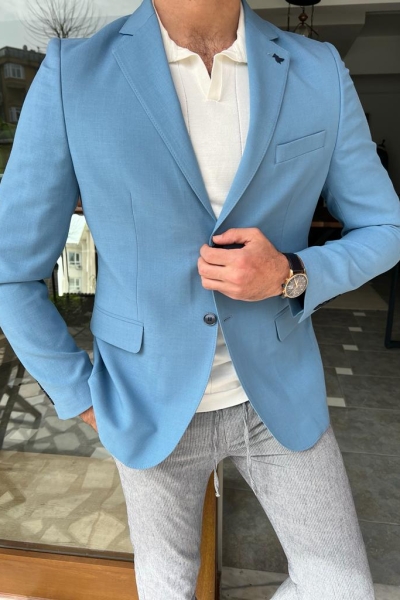 Sky Blue Slim Fit Wool Blazer for Men by GentWith.com with Free Worldwide Shipping