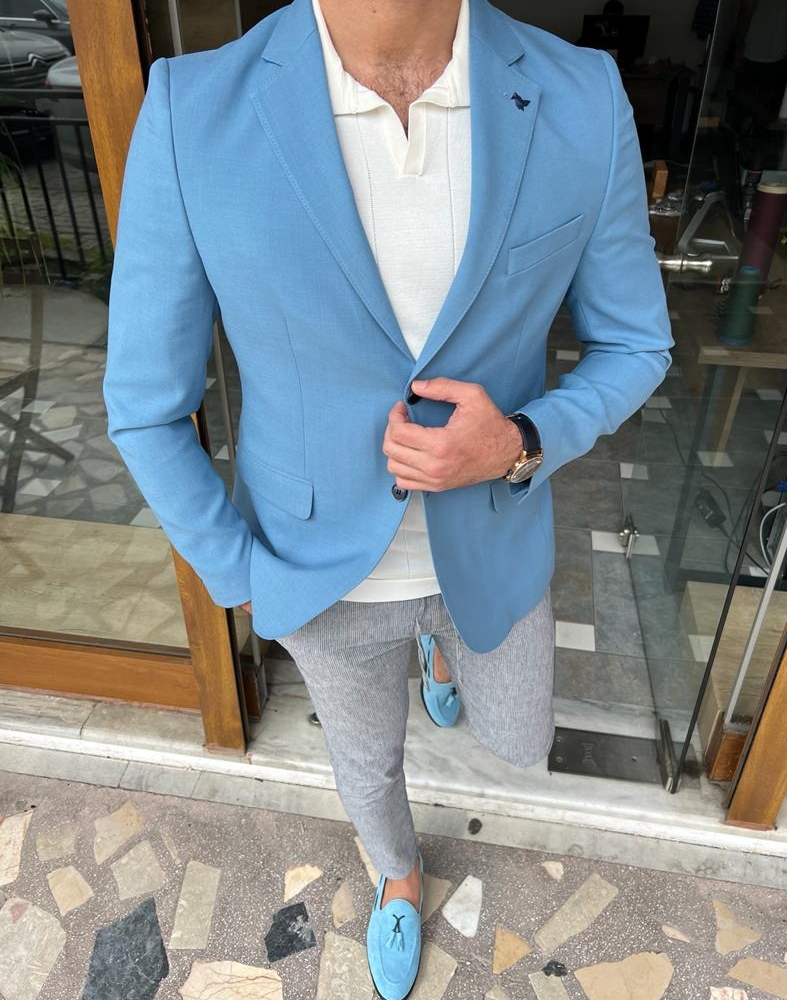 Sky Blue Slim Fit Wool Blazer for Men by GentWith.com with Free Worldwide Shipping