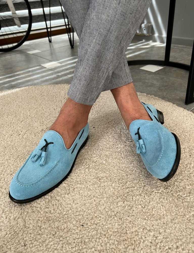 Sky Blue Suede Tassel Loafers for Men by GentWith.com with Free Worldwide Shipping