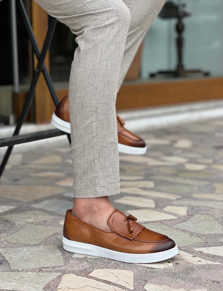 Tan Tassel Kilt Loafers for Men by GentWith.com with Free Worldwide Shipping