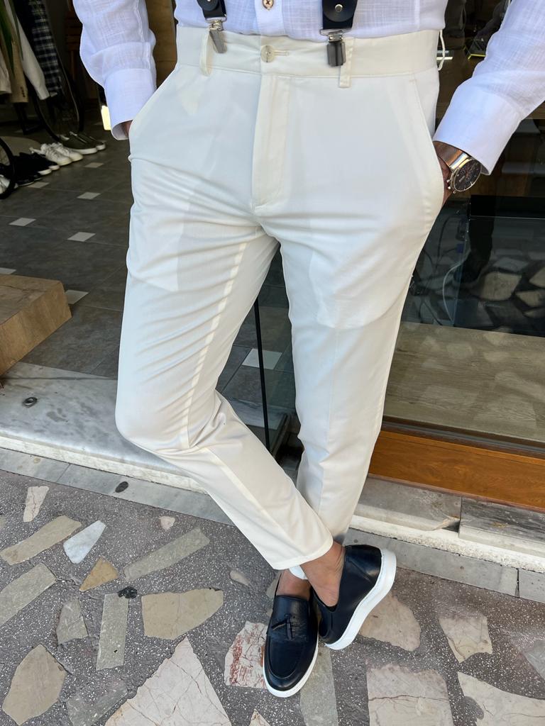 White Slim Fit Cotton Pants for Men by GentWith.com