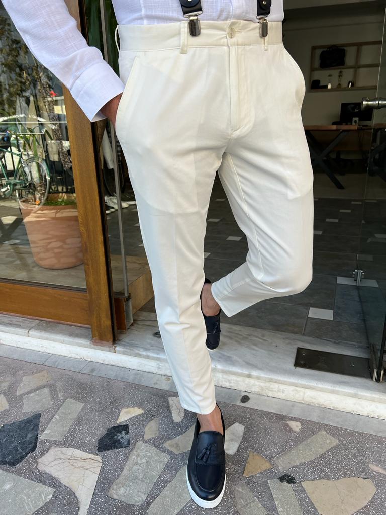 White Slim Fit Cotton Pants for Men by GentWith.com