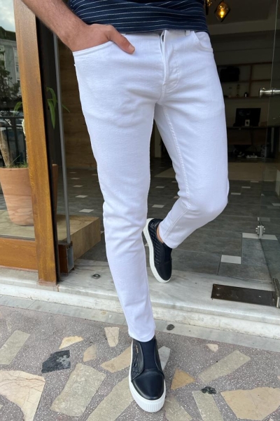 White Slim Fit Jeans for Men by GentWith.com with Free Worldwide Shipping