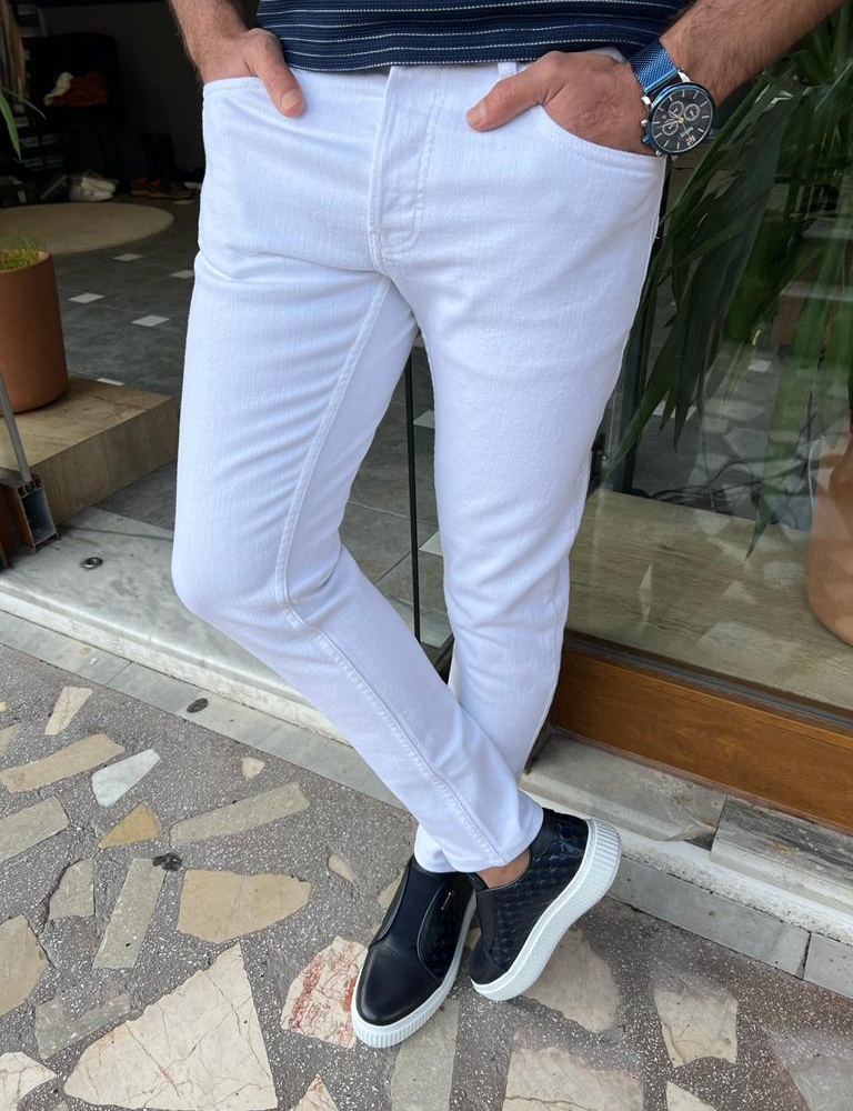 White Slim Fit Jeans for Men by GentWith.com with Free Worldwide Shipping
