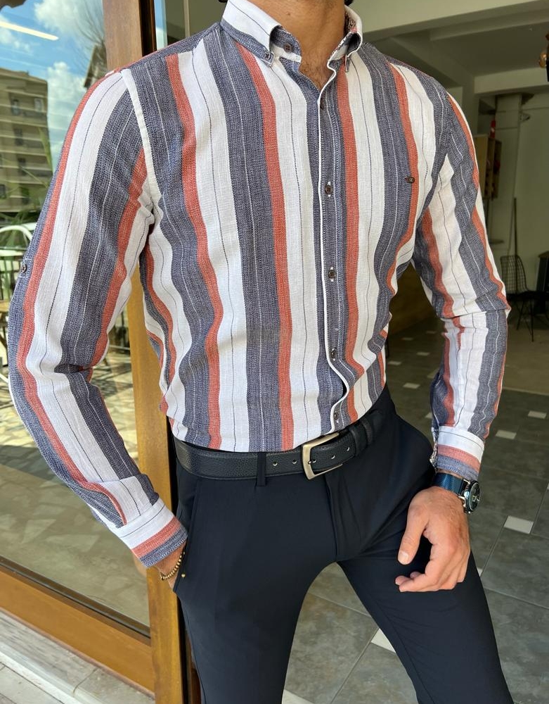 White Slim Fit Long Sleeve Striped Cotton Shirt for Men by GentWith.com with Free Worldwide Shipping