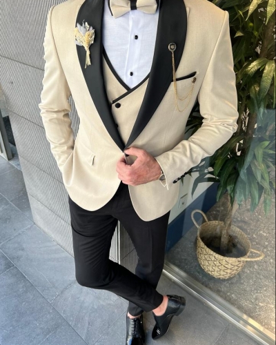 Beige Slim Fit Shawl Lapel Tuxedo for Men by GentWith.com with Free Worldwide Shipping