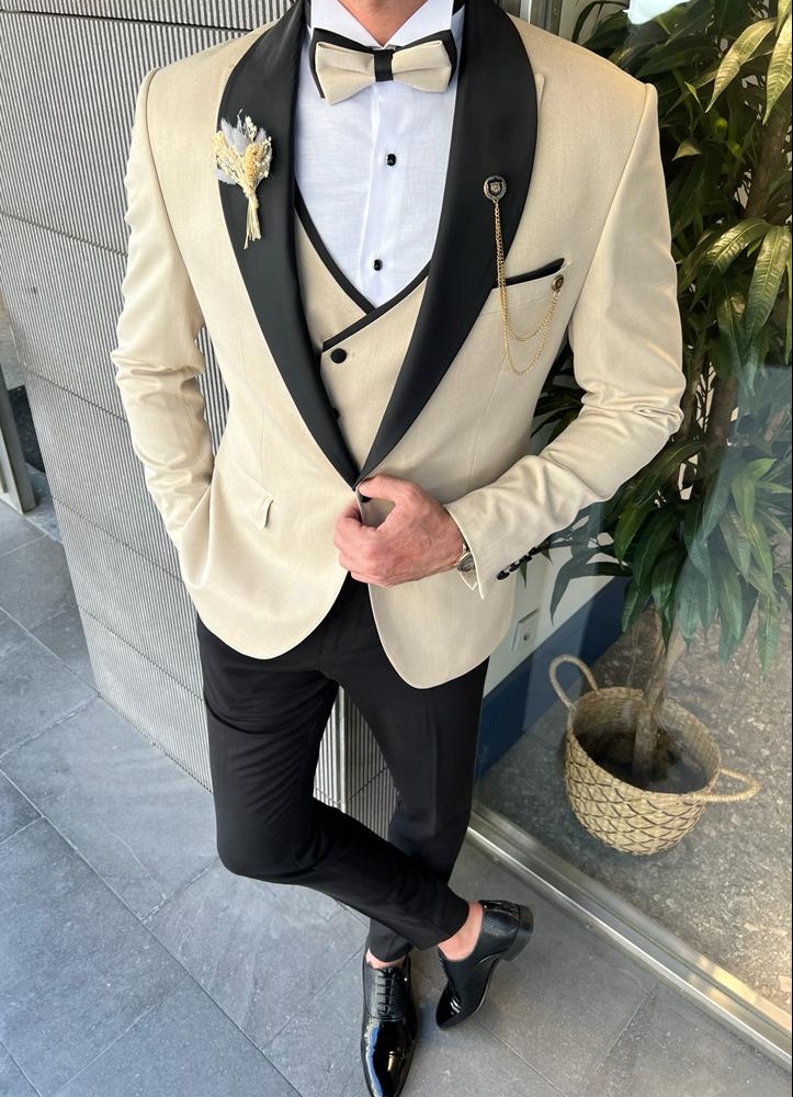 Beige Slim Fit Shawl Lapel Tuxedo for Men by GentWith.com with Free Worldwide Shipping