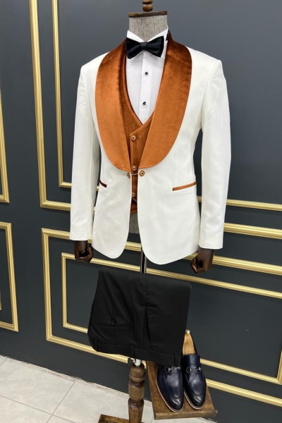 White & Orange Slim Fit Velvet Shawl Lapel Tuxedo for Men by GentWith.com with Free Worldwide Shipping