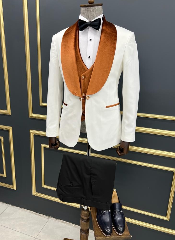 White & Orange Slim Fit Velvet Shawl Lapel Tuxedo for Men by GentWith.com with Free Worldwide Shipping