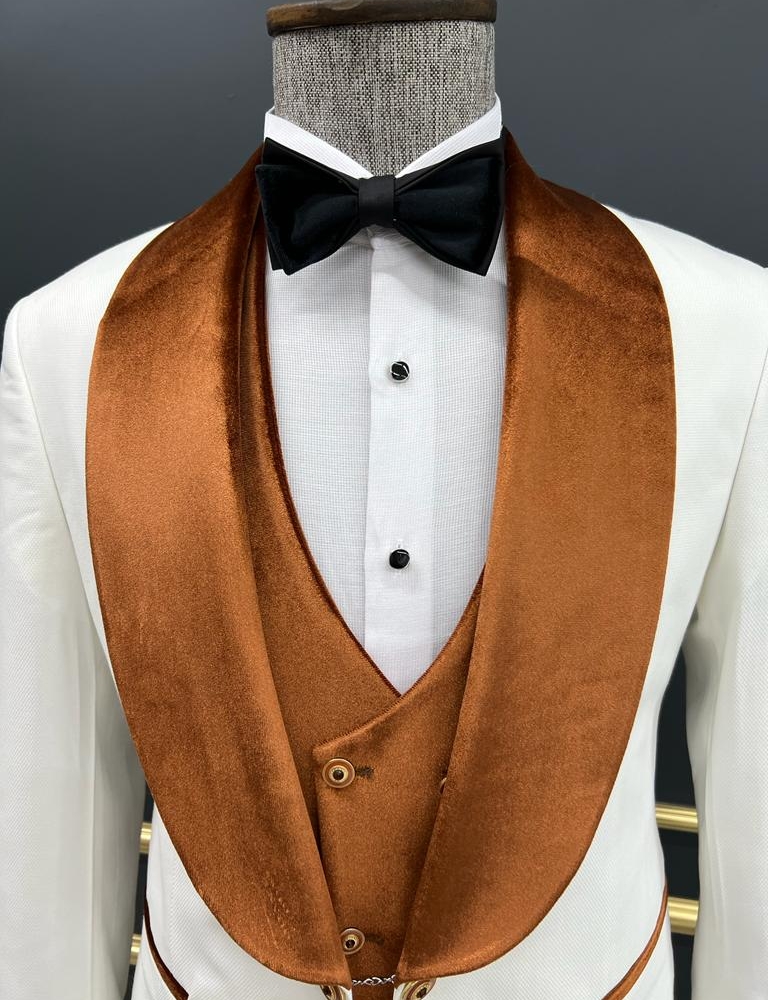 White & Orange Slim Fit Velvet Shawl Lapel Tuxedo for Men by GentWith.com with Free Worldwide Shipping