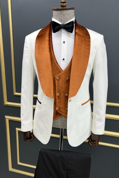 White & Orange Slim Fit Velvet Shawl Lapel Tuxedo for Men by GentWith.com with Free Worldwide Shipping