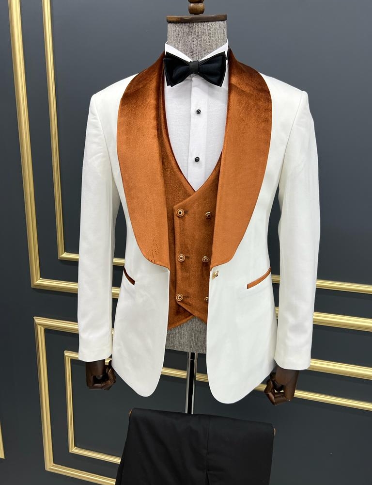 White & Orange Slim Fit Velvet Shawl Lapel Tuxedo for Men by GentWith.com with Free Worldwide Shipping