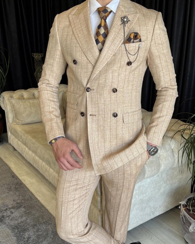 Camel Slim Fit Double Breasted Pinstripe Suit for Men by GentWith.com with Free Worldwide Shipping