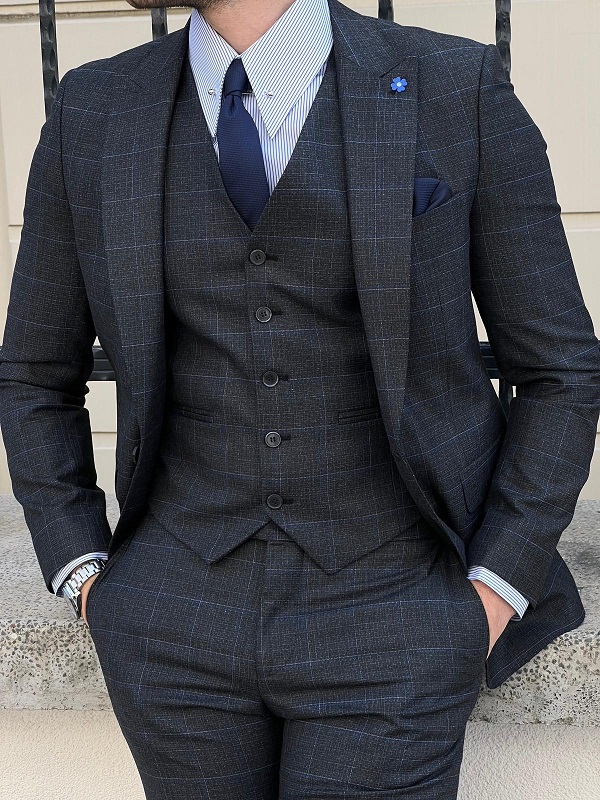 GentWith Hazard Black Slim Fit Peak Lapel Plaid Wool Suit - GENT WITH