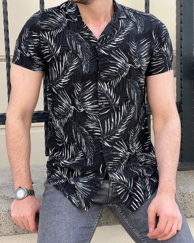 Black Slim Fit Short Sleeve Tropical Shirt for Men by GentWith.com with Free Worldwide Shipping