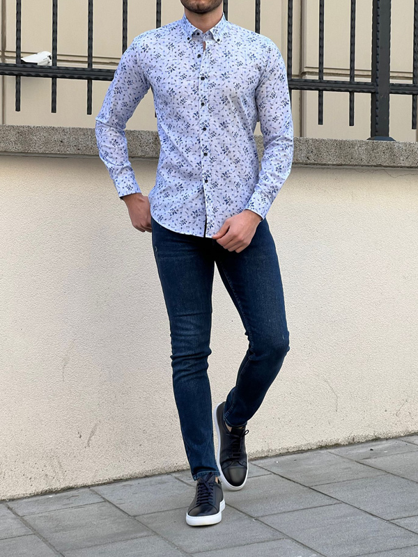 Blue Slim Fit Long Sleeve Floral Shirt for Men by GentWith.com with Free Worldwide Shipping